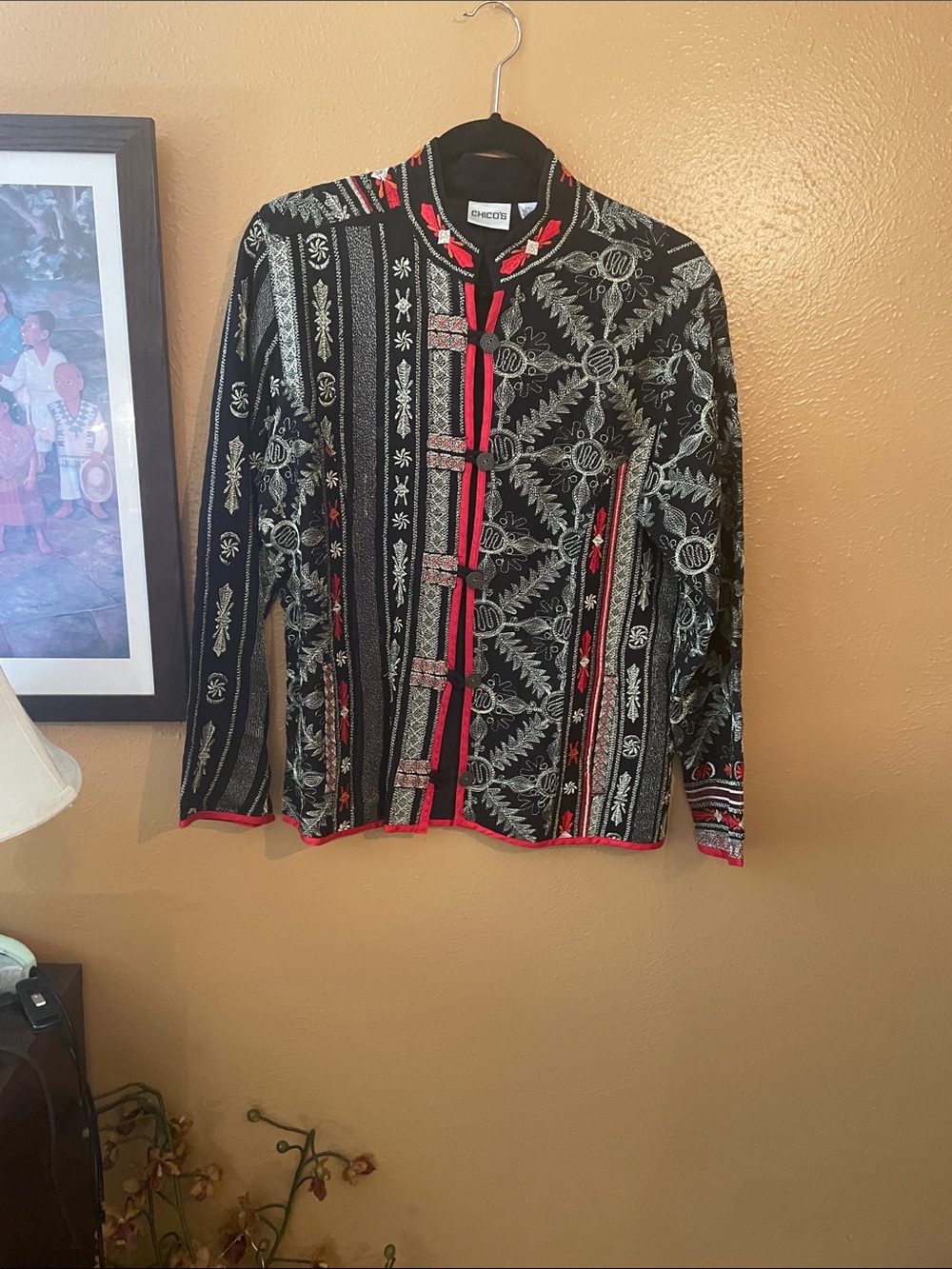 Chico's Black Jacket with Red Trim and Silver Embroidery